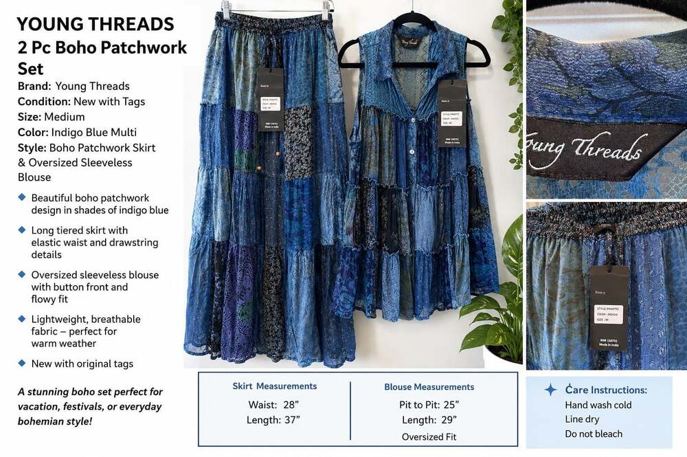 Young Threads 2 Piece Boho Patchwork Skirt & Oversized Blouse Set NWT Size M